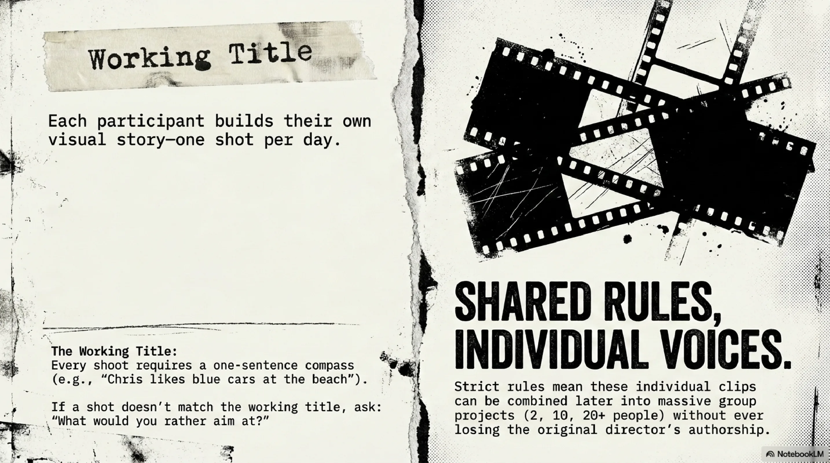 Working title: one visual story and one shot per day; shared rules, individual voices for combining clips.