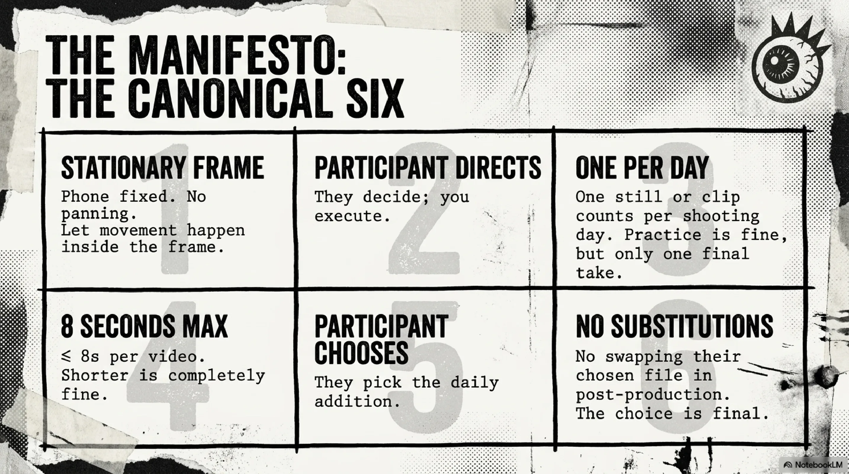 The canonical six rules: stationary frame, participant directs, one per day, eight seconds max, participant chooses, no substitutions.