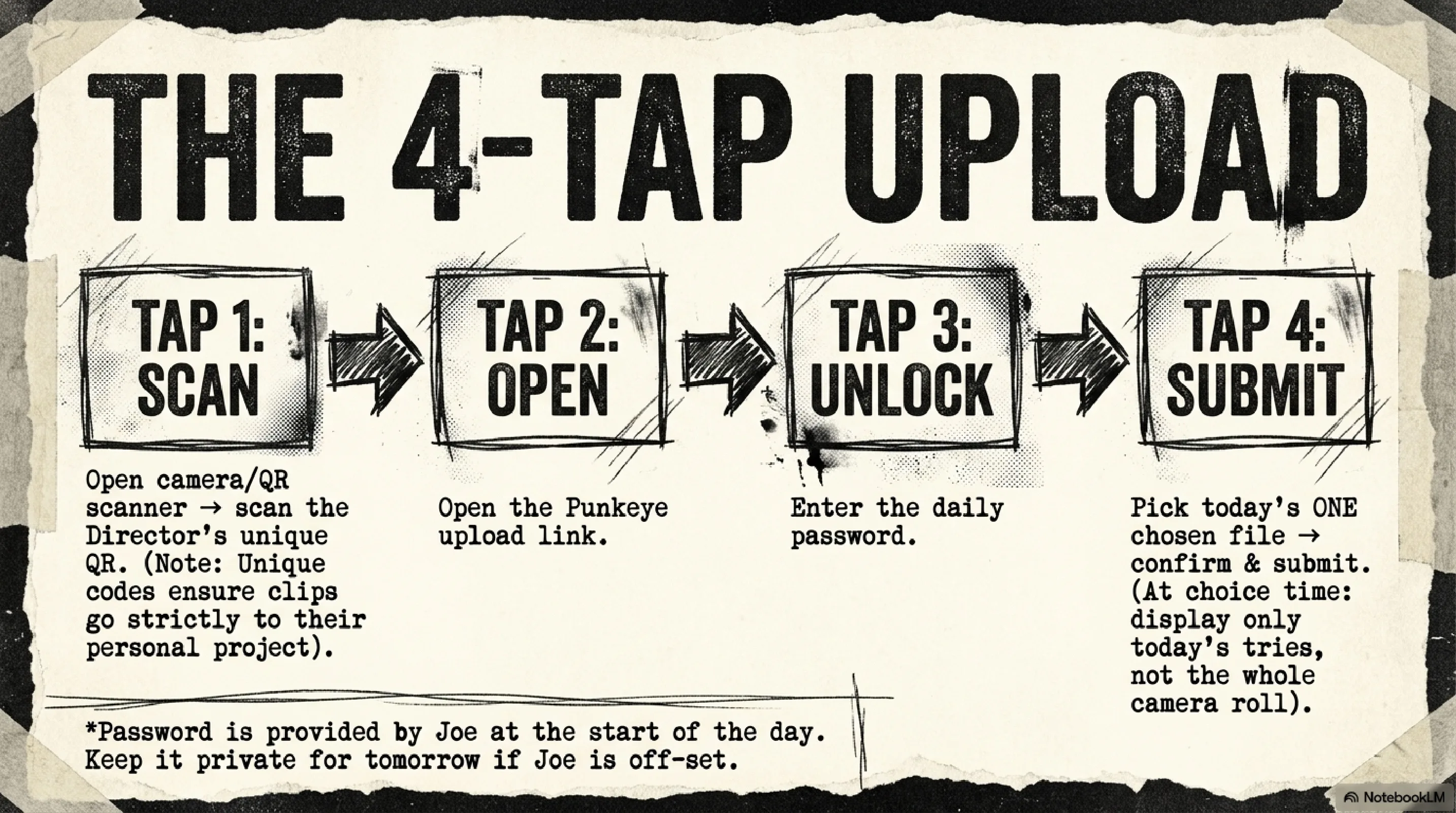 The four-tap upload: scan QR, open upload link, enter daily access, submit one chosen file.